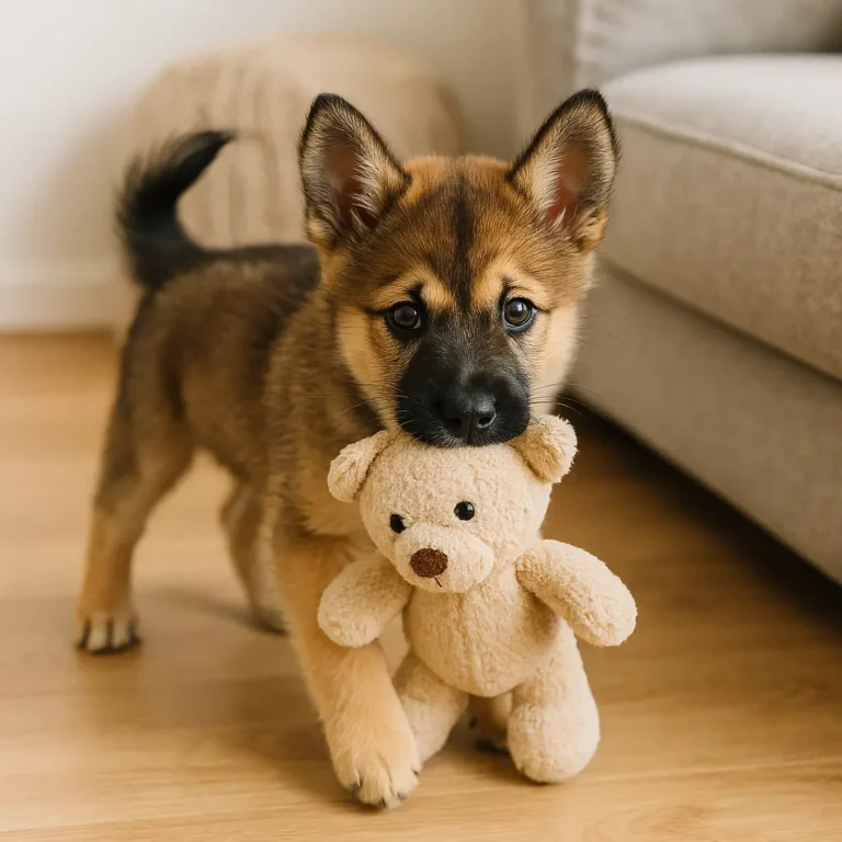 akita husky mix puppy playing with a teddy bear toy near sofa