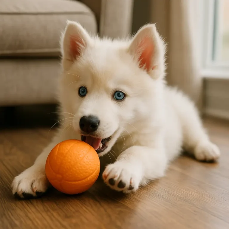 siberian husky samoyed mix puppy playing with a ball