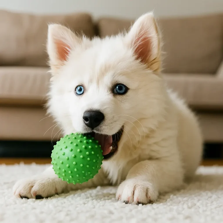 samoyed husky mix puppy playing with ball