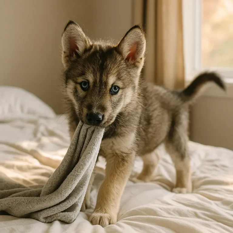 husky gray wolf mix playing with blanket on bed