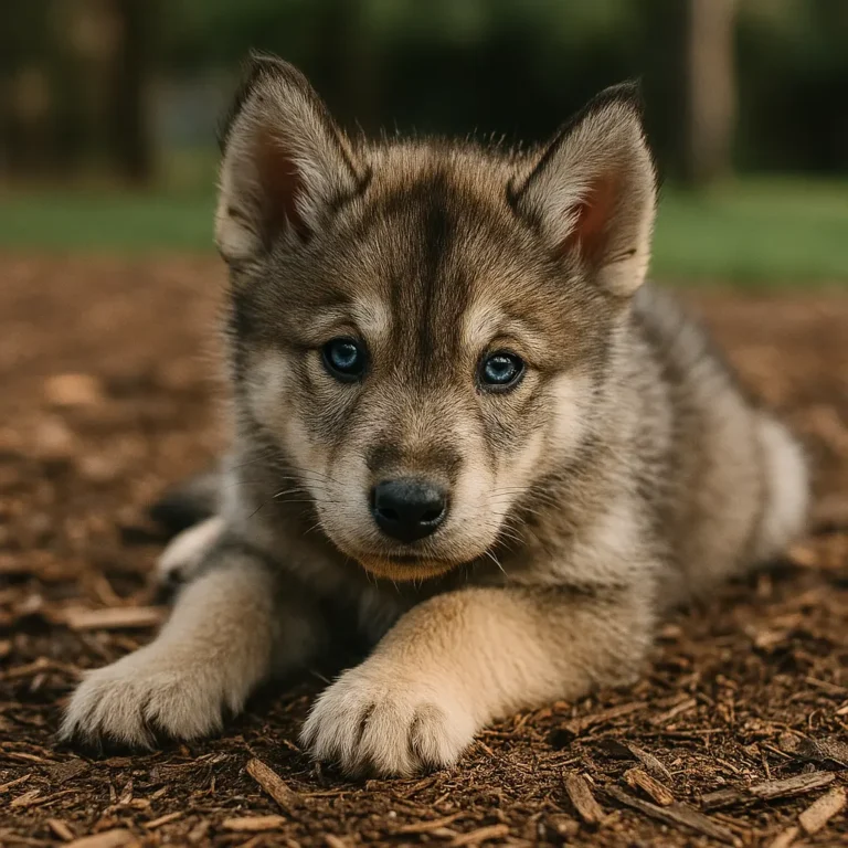 timber wolf husky mix puppy sitting on ground