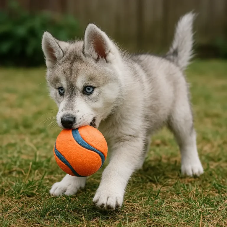 siberian husky arctic wolf mix puppy playing with a ball in garden