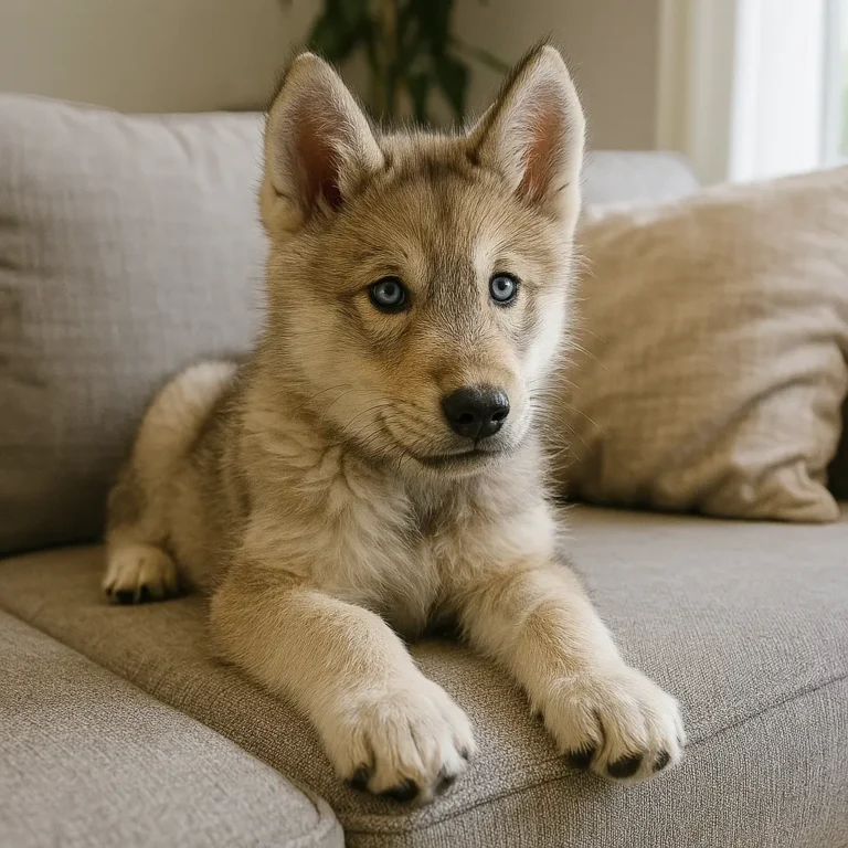 husky wolf mix puppy sitting on sofa