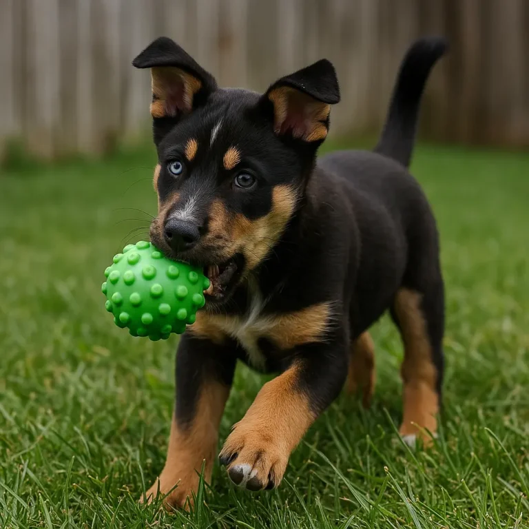 doberman pinscher husky mix puppy playing with green ball