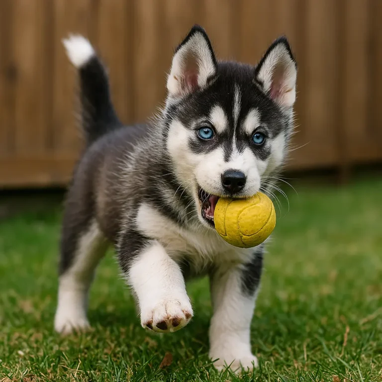 siberian husky puppy playing with yellow ball
