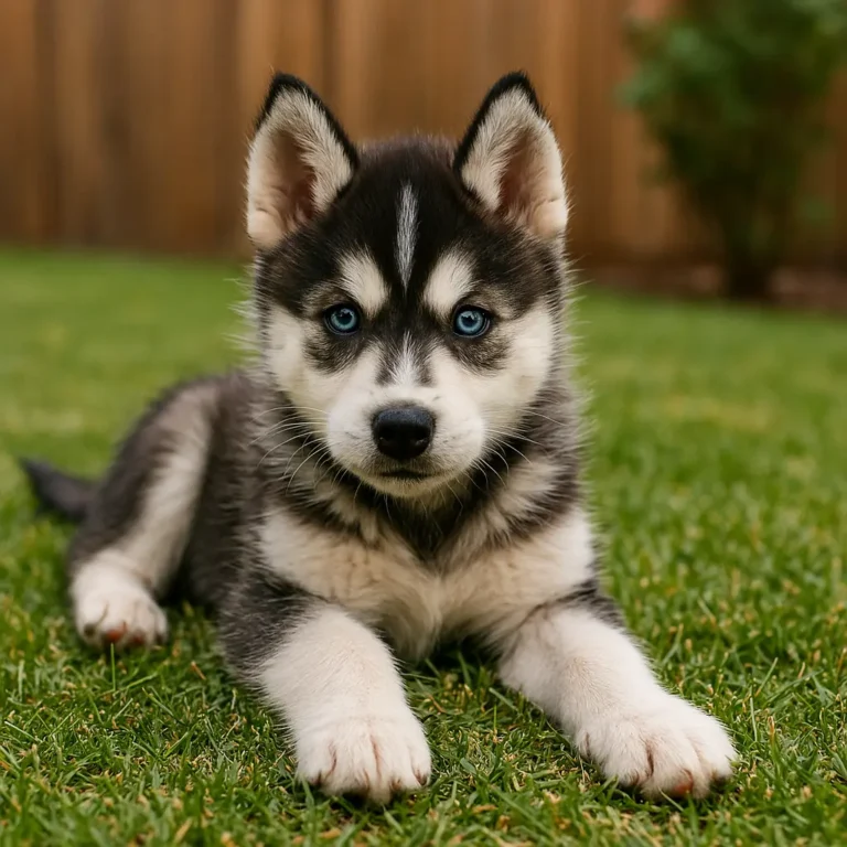 husky puppy sitting and playing in garden