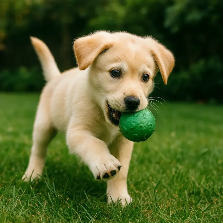yellow lab husky mix puppy playing with ball