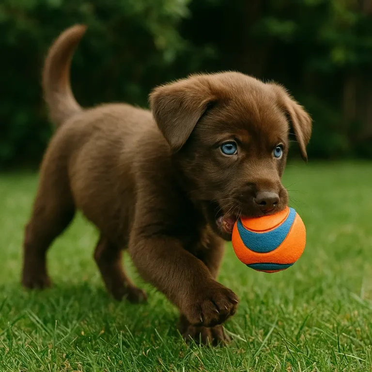 chocolate lab husky mix puppy playing with ball in garden