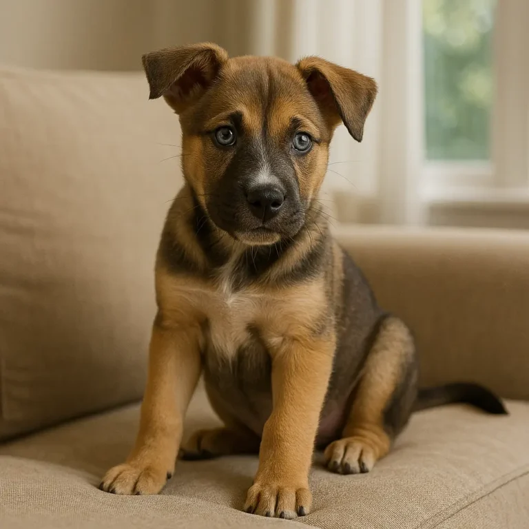 pitbull german shepherd husky mix puppy sitting on sofa