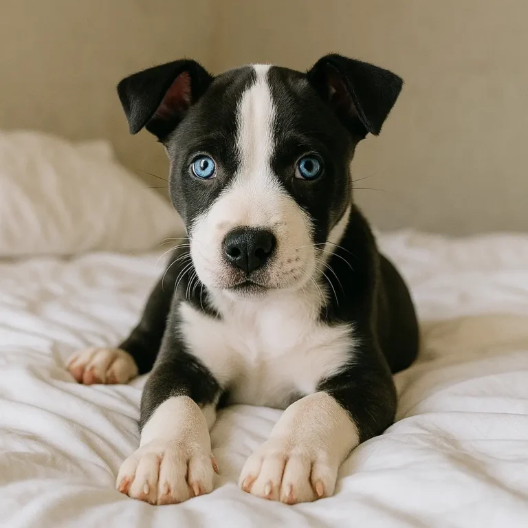 siberian husky pitbull mix puppy sitting on bed