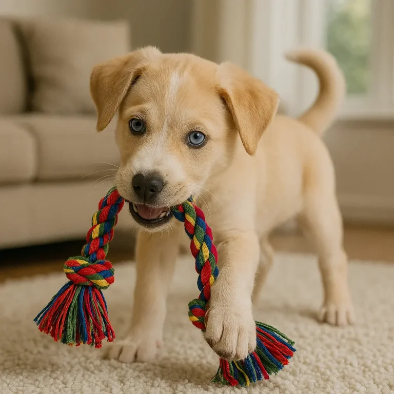 husky lab mix puppy playing on mat near sofa