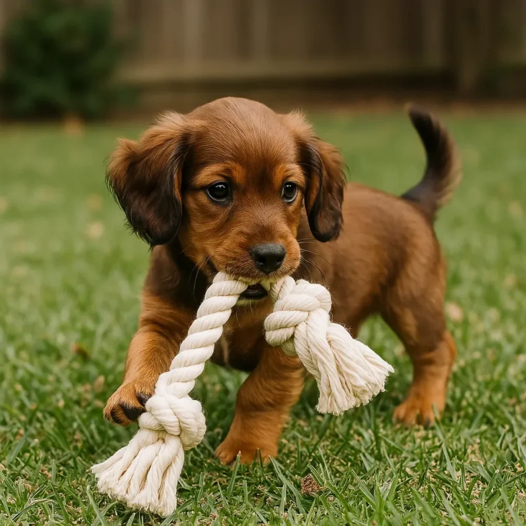 spaniel dachshund mix puppy playing with rope in garden