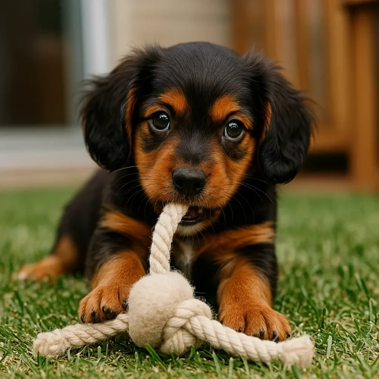 cavalier dachshund mix puppy playing with rope in garden