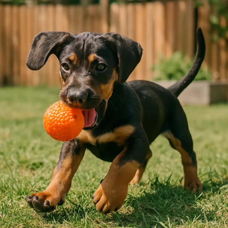 great dane dachshund mix PUPPY PLAYING WITH RED BALL IN GARDEN