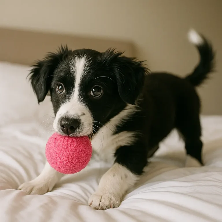 border collie dachshund mix PUPPY PLAYING WITH RED BALL IN BED
