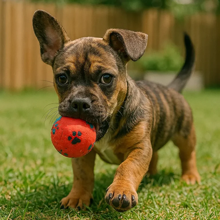 french bulldog dachshund mix puppy playing with ball in garden