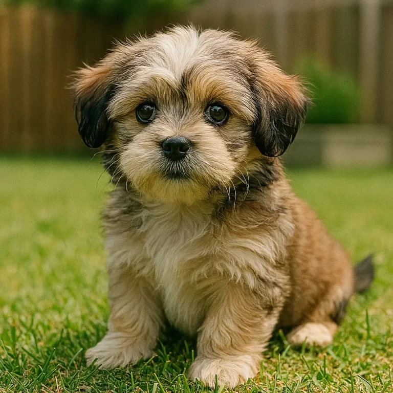 shih tzu dachshund mix puppy sitting relaxed in garden