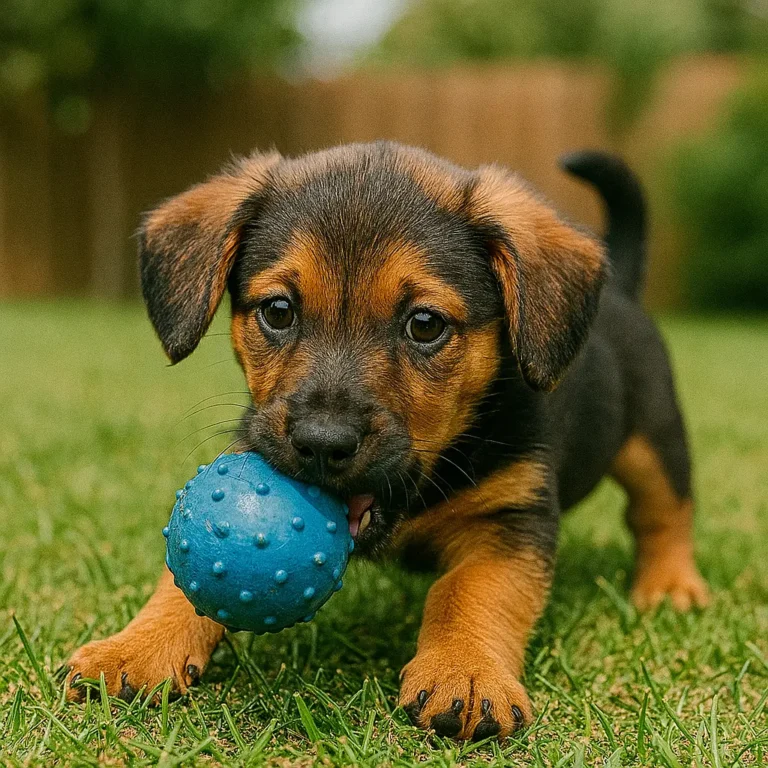 dachshund mix german shepherd puppy playing with ball in garden