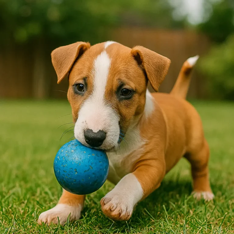 bull terrier dachshund mix puppy playing with ball in garden