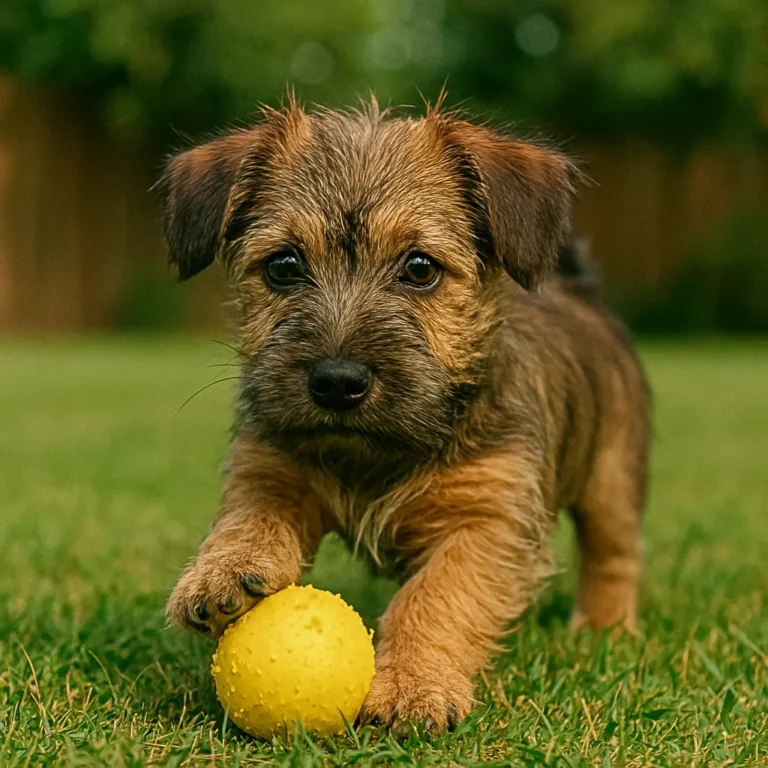 cairn terrier dachshund mix puppy playing with ball in garden