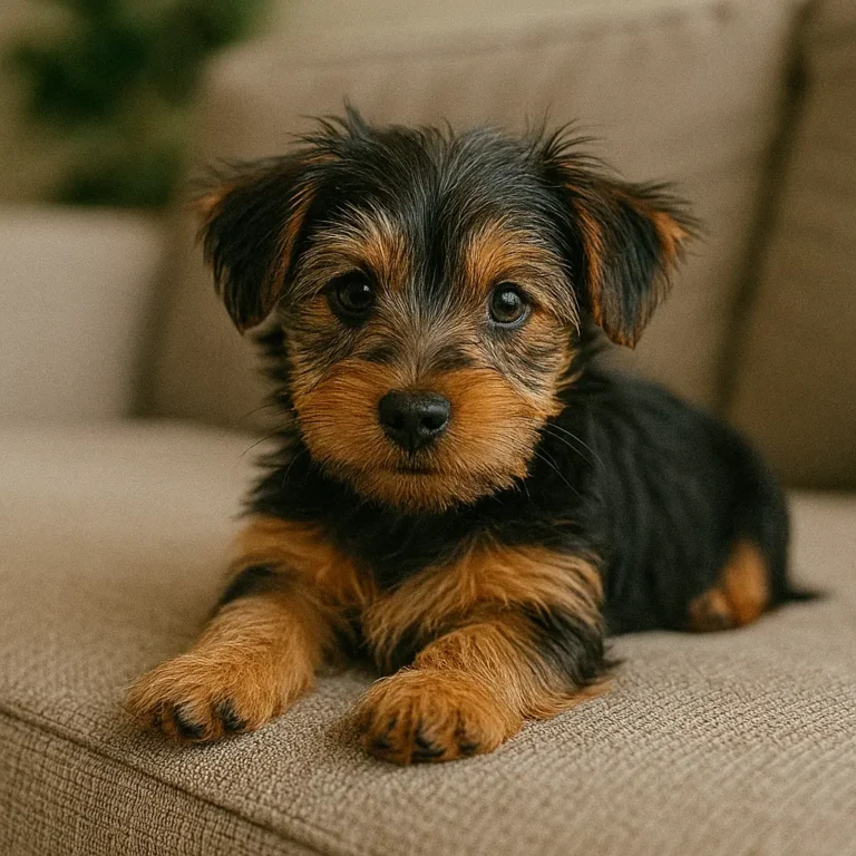 yorkshire terrier dachshund mix sitting relaxed on sofa