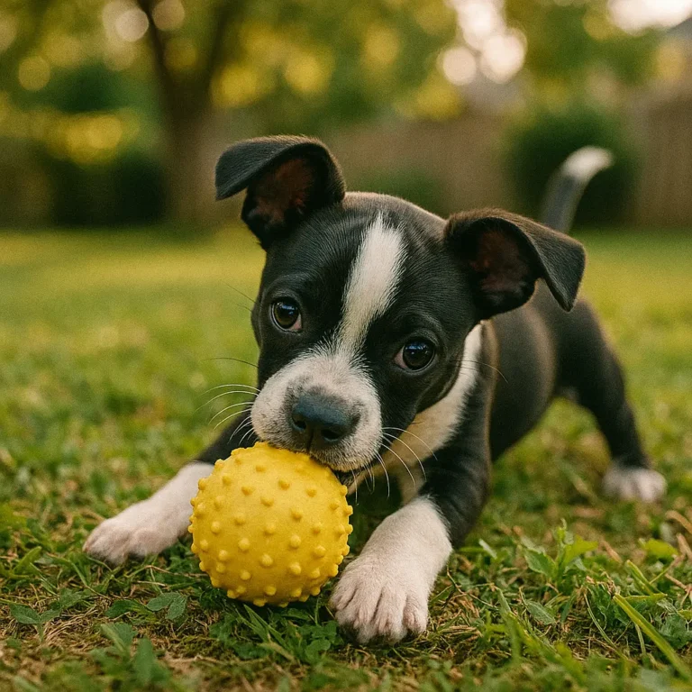 boston terrier dachshund mix puppy playing with ball in garden
