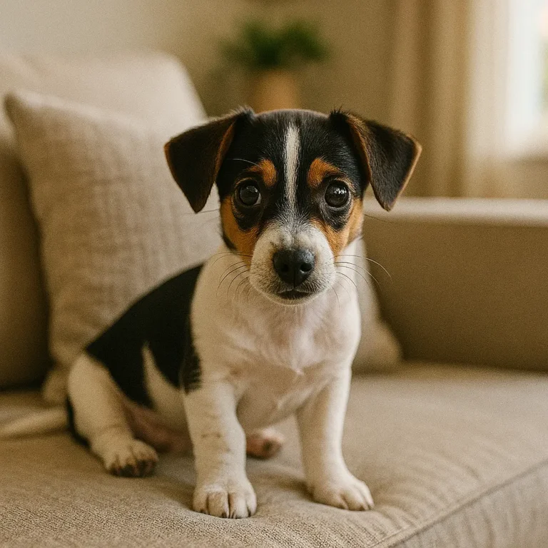rat terrier dachshund mix puppy sitting on sofa