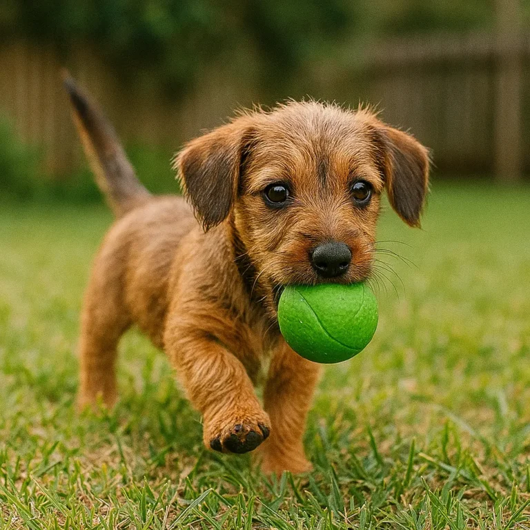 dachshund mix terrier puppy playing in garden