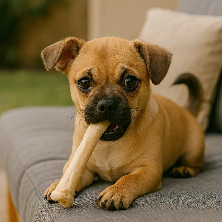 chihuahua dachshund pug mix puppy eating bone sitting on sofa