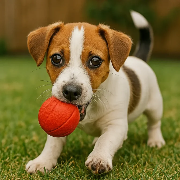 jack russell terrier and dachshund mix puppy playing with ball in garden