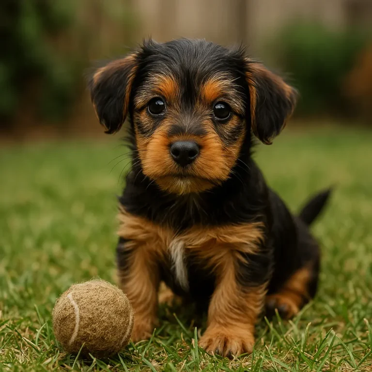 dachshund yorkie mix puppy sitting in garden