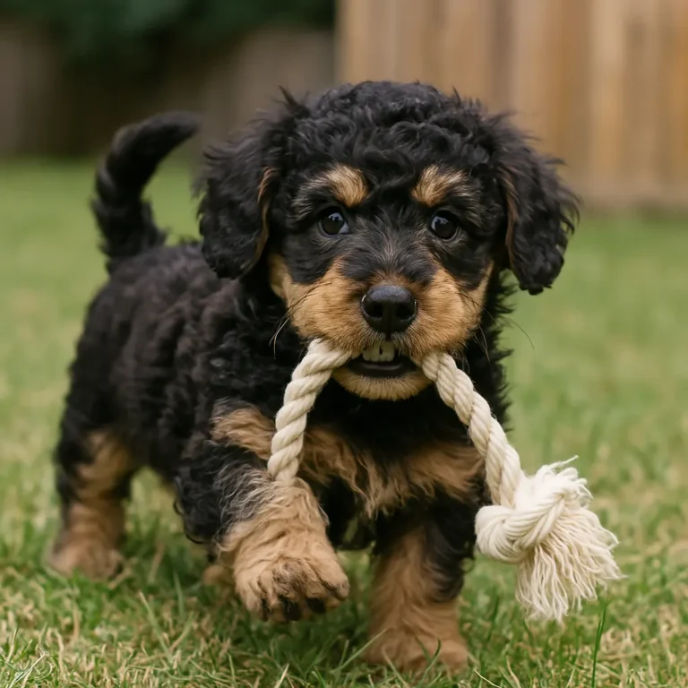 dachshund mixed with poodle puppy playing with rope in garden
