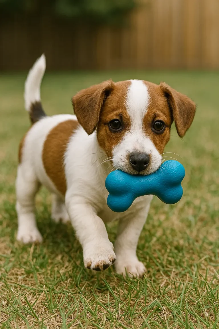 dachshund mix jack russell puppy playing in garden with bone toy