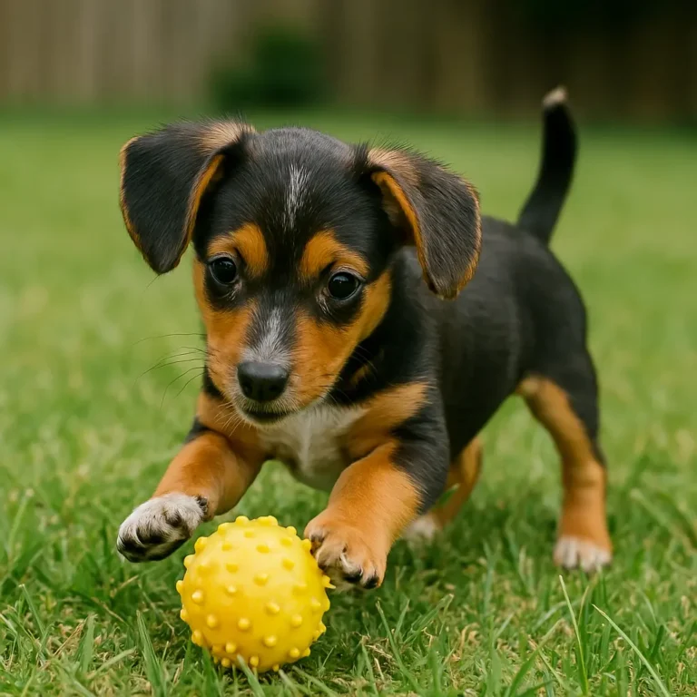 beagle chihuahua dachshund mix puppy playing with ball in garden