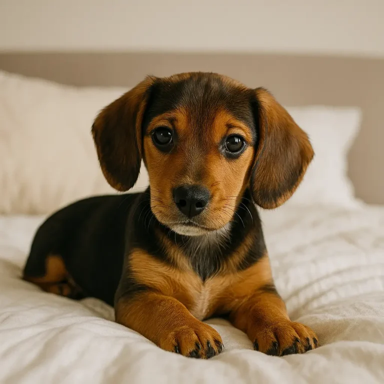 beagle dachshund mix puppy sitting on bed