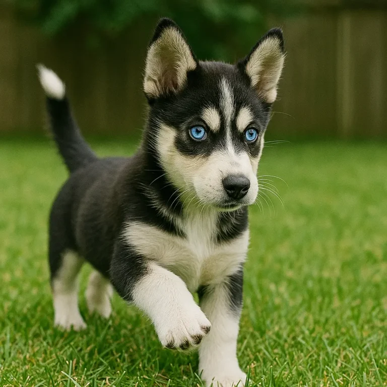 husky dachshund mix puppy playing in garden