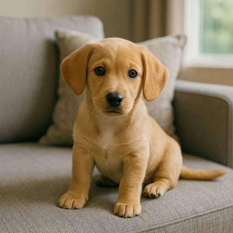 yellow lab dachshund mix puppy sitting on sofa