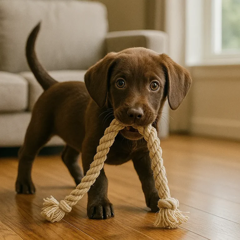 chocolate lab dachshund mix puppy playing with rope near sofa