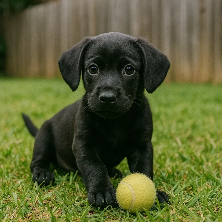 black lab and dachshund mix puppy playing with ball in garden
