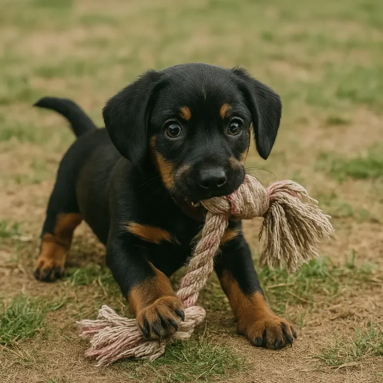 dachshund mix lab playing with rope in garden