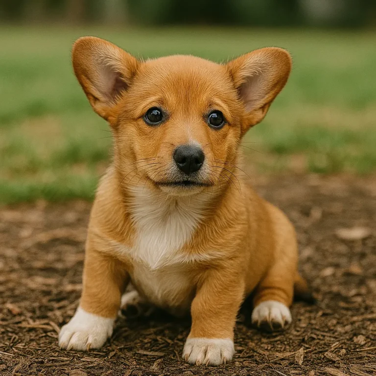 welsh corgi and dachshund mix puppy sitting on ground