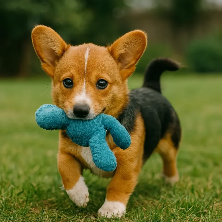 corgi dachshund mix puppy playing with toy in garden