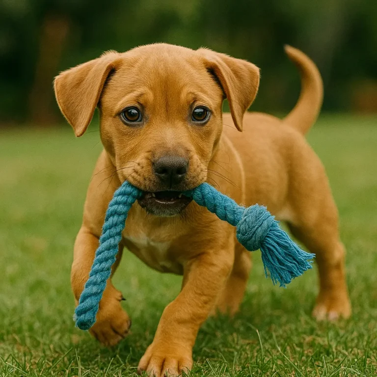 pitbull dachshund mix puppy playing with blue rope in garden