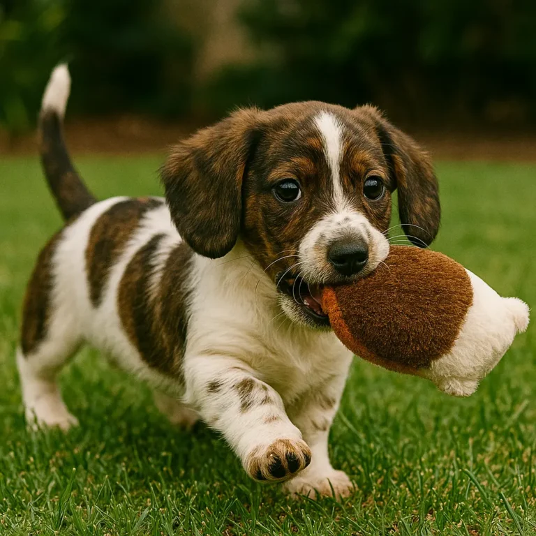 brindle piebald dachshund puppy playing with toy in garden