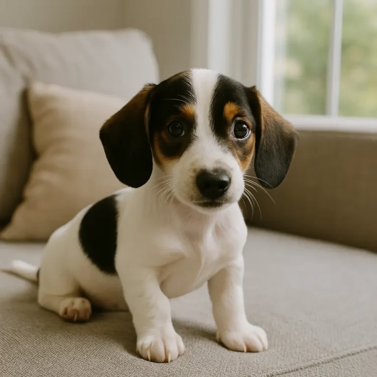piebald mini dachshund puppy sitting on sofa