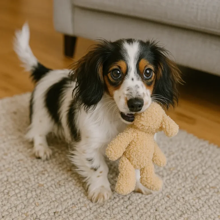 long haired piebald dachshund puppy playing with toy on mat
