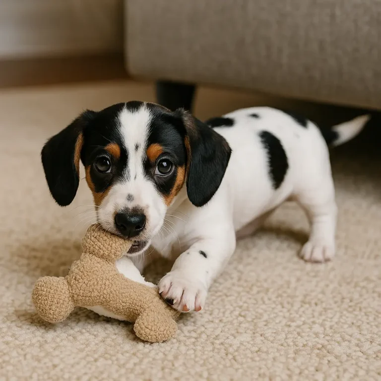piebald dachshund puppy playing with toy on mat