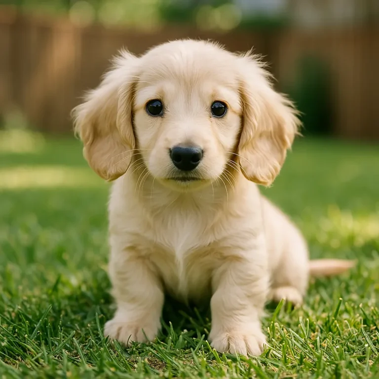 english cream long haired dachshund puppy sitting in garden