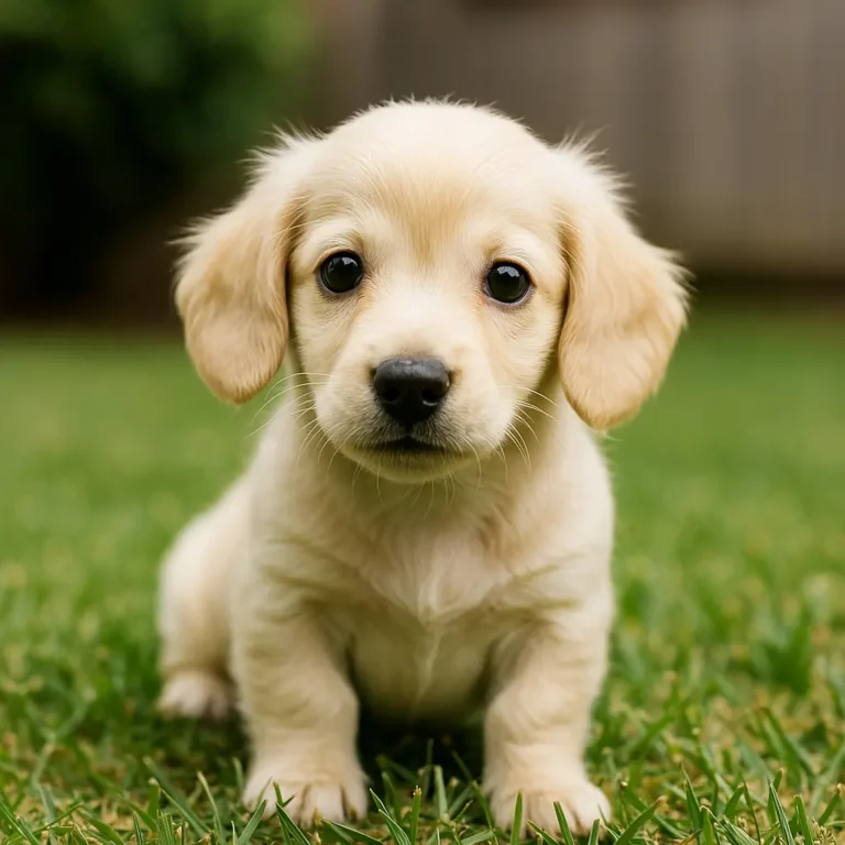 english cream mini dachshund puppy sitting on ground