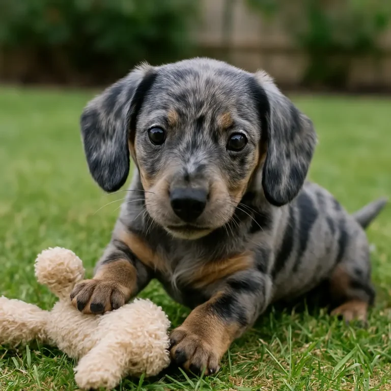 gray dapple dachshund puppy playing with toy